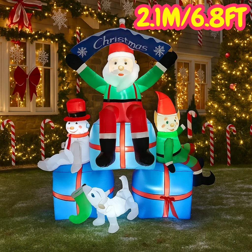 2,1 M/6,8 FT Aufblasbare Santa Claus Schneemann Elf Hund Geschenk Boxen Lichter LED Hause Dekorationen Spielzeug Hof Weihnachten Urlaub beleuchtung Dekor