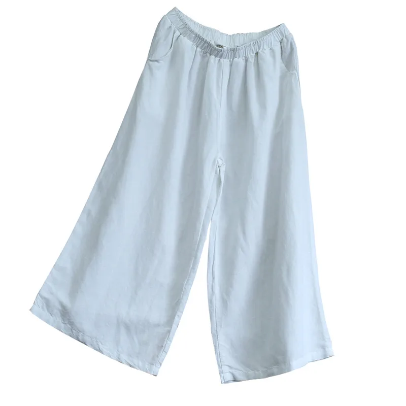 Lässige Baumwoll-Leinen-Hose mit weitem Bein für Damen, lockere Yoga-Hose, Sommer, neu, hohe Taille, neun-Punkte-Hose