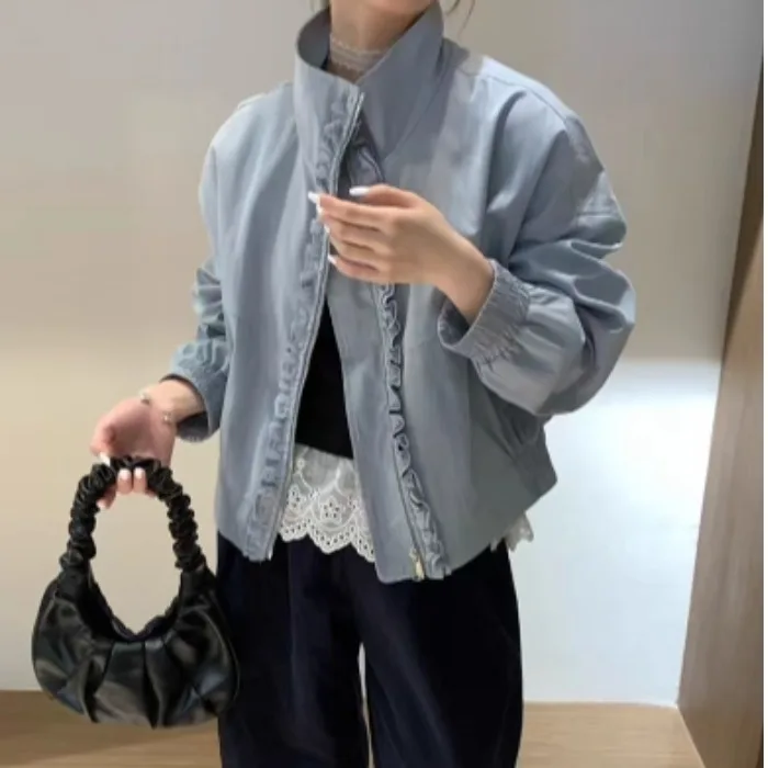 

Женское осенне-зимнее повседневное пальто-туэт с воротником-стойкой, новинка 2025, корейский облегающий топ из дерева ain Splicing Long Sve Top