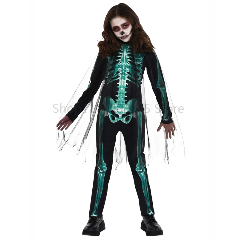 

Midnight Vampire Terrifying Performance Fancy Dress Up With Cape Black Green Sheer Skeleton Reaper Costume for Girls