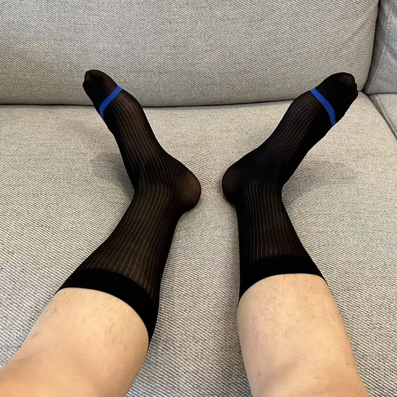 Men's silk stockings, blue toes, navy blue lines, Japanese nylon business silk stockings, thin, medium length, sexy black formal