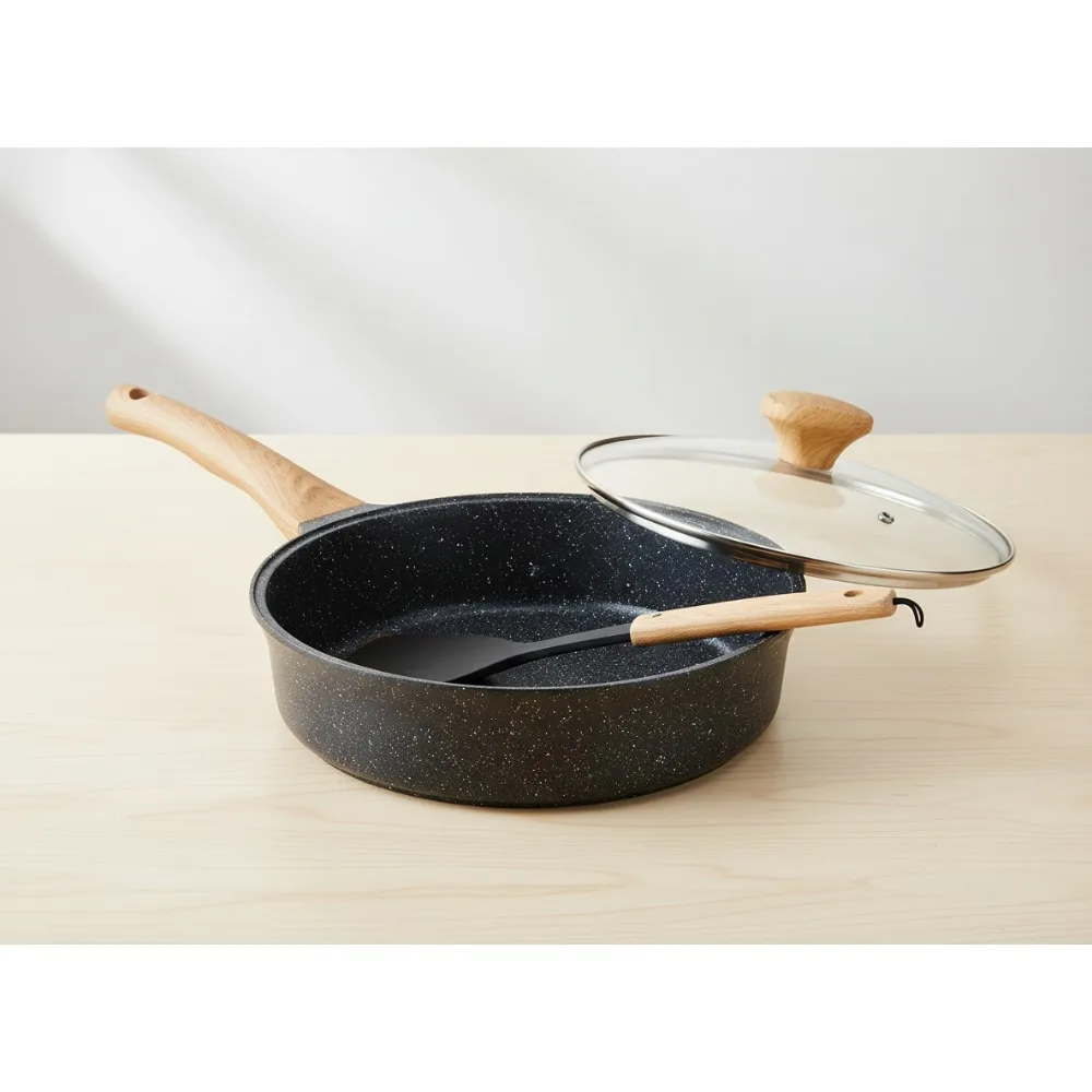

Deep Nonstick Frying Pan with Lid, 4.5 QT Granite Coating Skillet, Induction Ready for Healthy Cooking