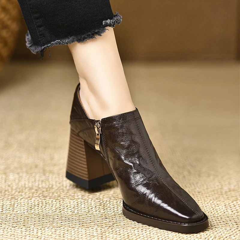 

High Heels Women's Shoes Elegant Fashion Leather Shoes 2026 New Spring Chunky Shoes Walking Designer Dress Pumps Mujer Zapatos