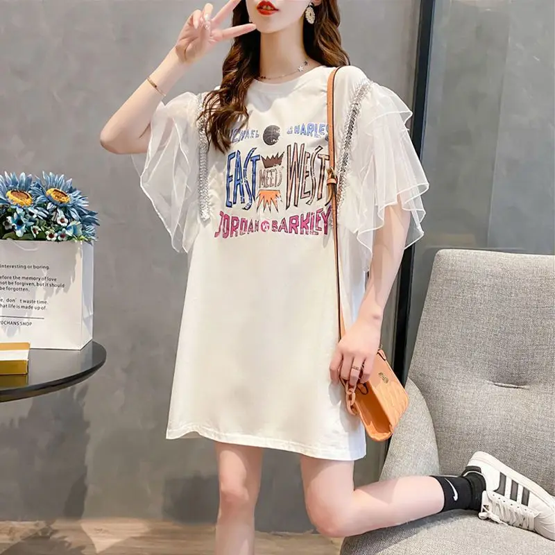 Female Clothing Korean Letter Printed Pullovers Summer Stylish Gauze Spliced Short Sleeve Casual Round Neck Loose Basic T-shirt