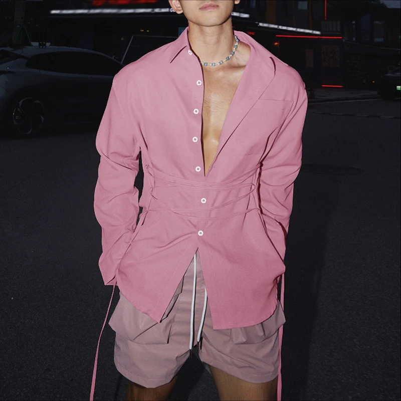 INCERUN 男性シャツ固体ラペル長袖レースアップカジュアル男性服ルーズ Streewear ファッションレジャートップス男性シャツ S-5XL