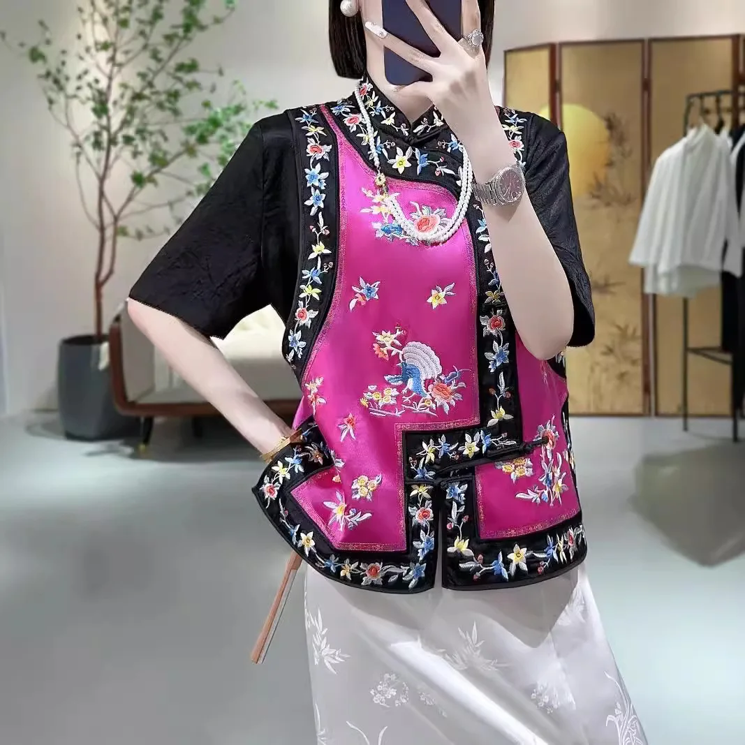 Chinese Style Vest Women's Spring And Autumn Embroidery Flowers Birds Loose Acetate Sleeveless Lady Top S-XXL image 3