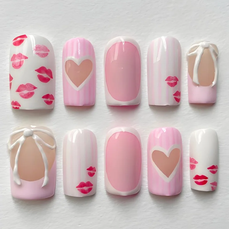 

24PCS Cute Red Lips Simple Medium Square False Nails with Sweet Pink Heart Bow White Stripes Patterns French Press on Nails Tips