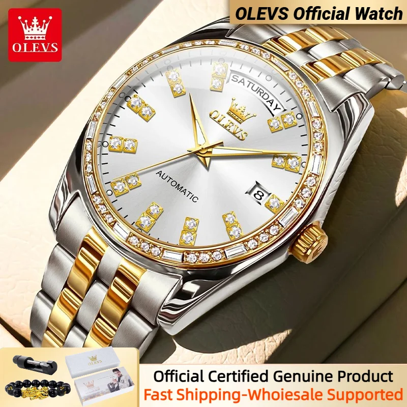 

OLEVS High end Men's Mechanical Watches Full Diamond Design Date Week Mature Business Men Watch Stainless steel Man Wristwatches