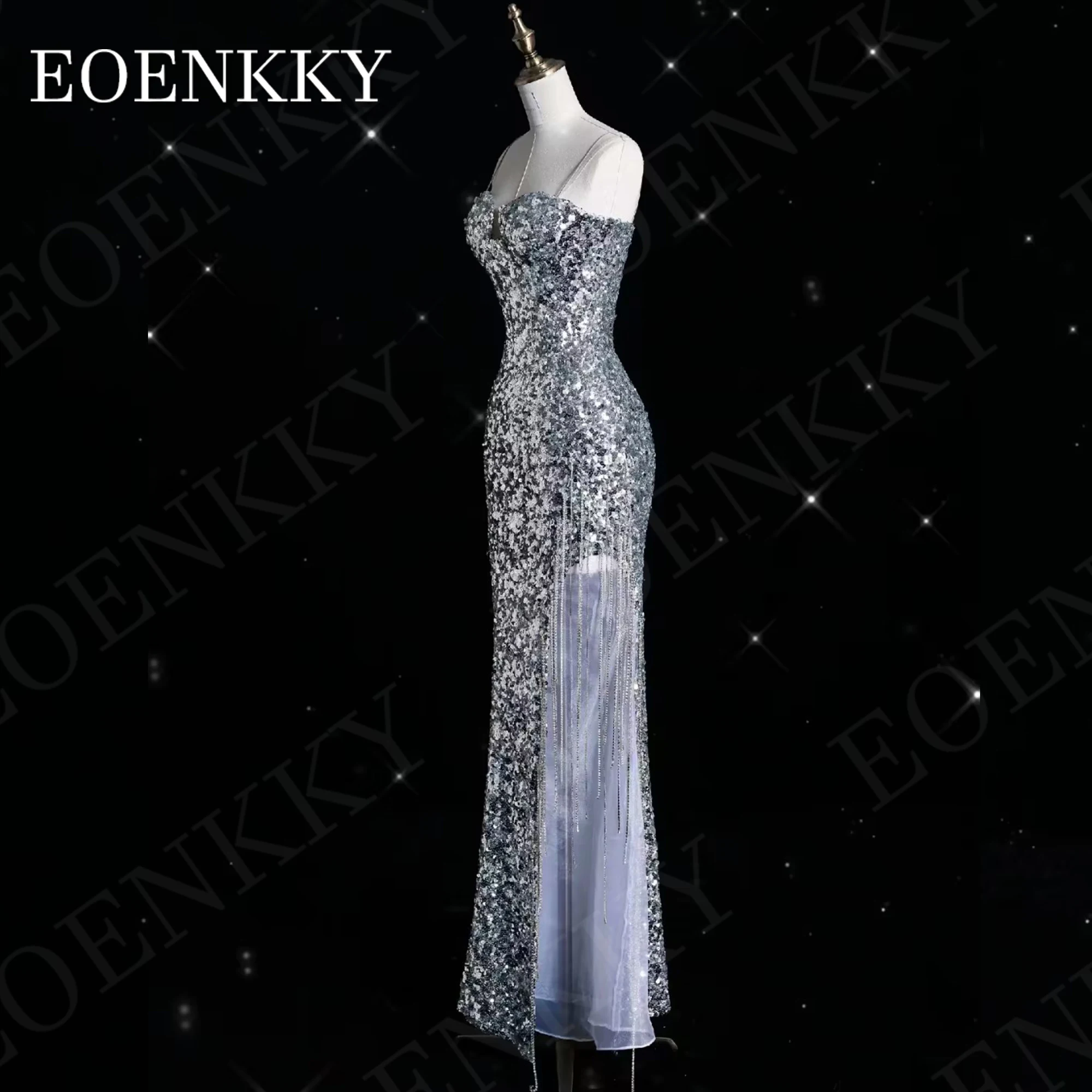 Elegant Evening Dresses For Women Luxury Mermaid Sequin Sexy Party Dress Floor Length Silver فساتين سهره سعوديه Spaghetti Straps