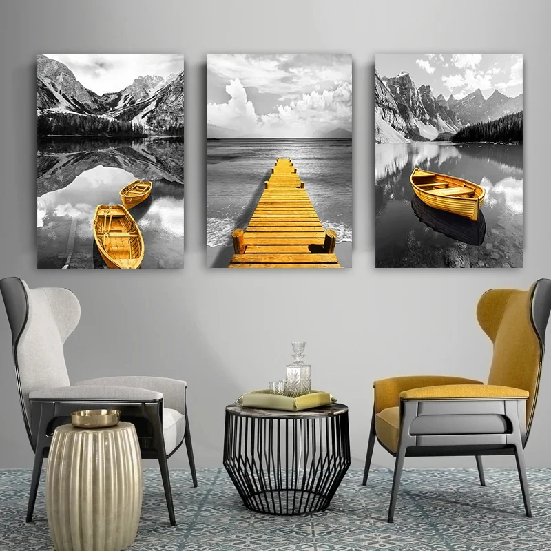 

3pcs Yellow Boat On The Lake Landscape Canvas Posters Prints Gold Wooden Bridge Mountain Abstract Wall Art Paintings Home Decor