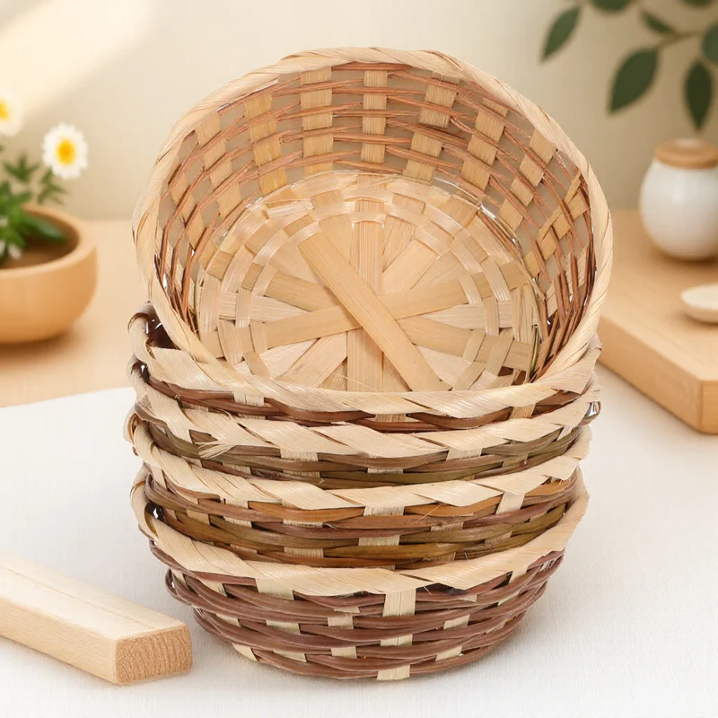 

5pcs Bamboo Fruit Basket Handwoven Storage Baskets Desktop Organization Rustic Snack Bread Tray Woven Gift Basket