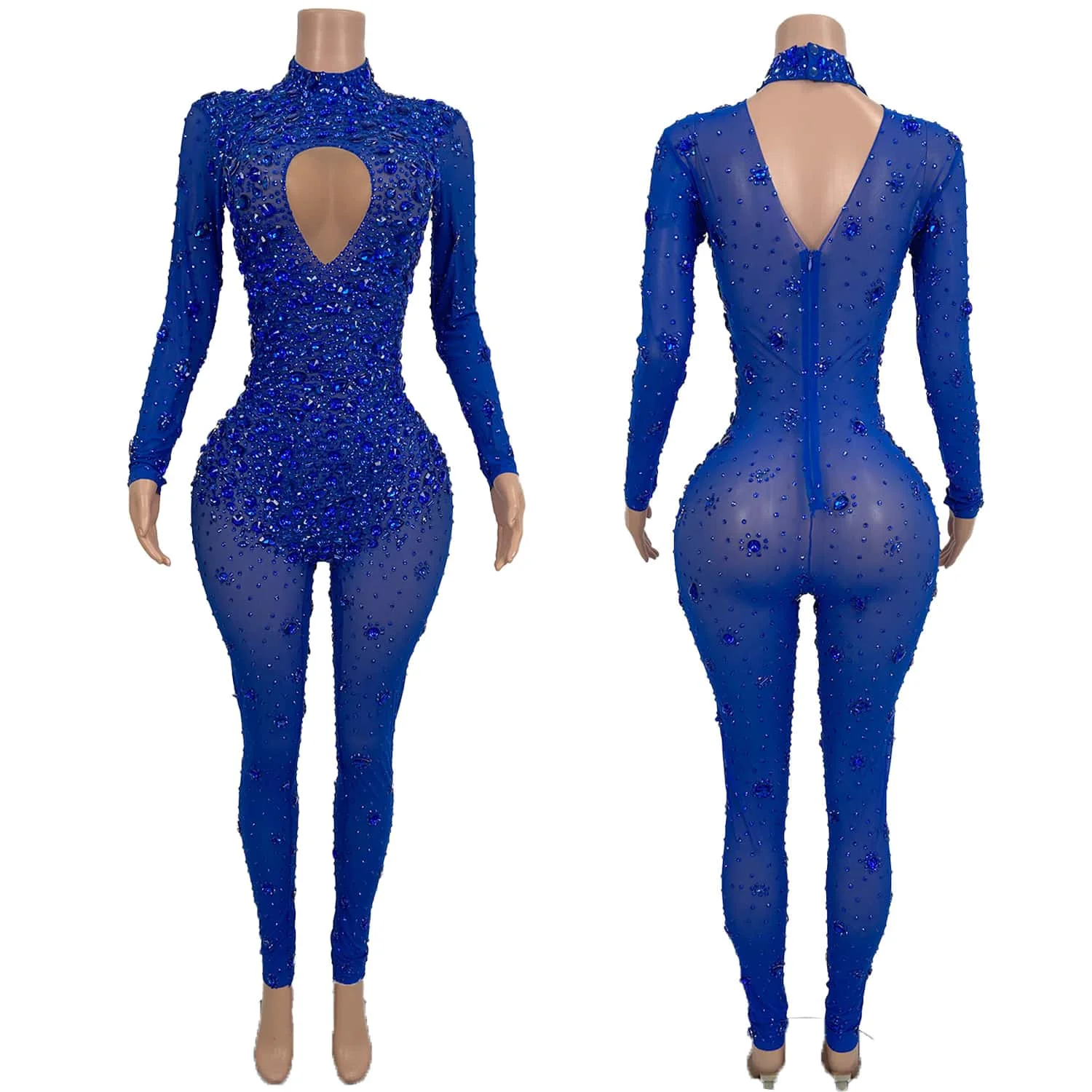 Sexy Sparkly Bodysuit Blue Crystals Rhinstones Jumpsuit Mesh See Through Diamonds Rompers Stage Birthday Dance Jumpsuit Cuican