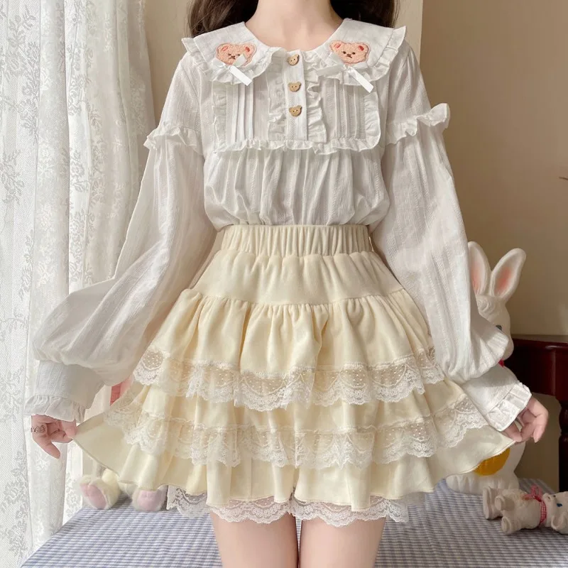 Women Pleated Skirt Puffy Dress Lace Flower Cake Skirt Y2k Streetwear Sweet Kawaii Harajuku Chic Sexy Summer Casual Loose New