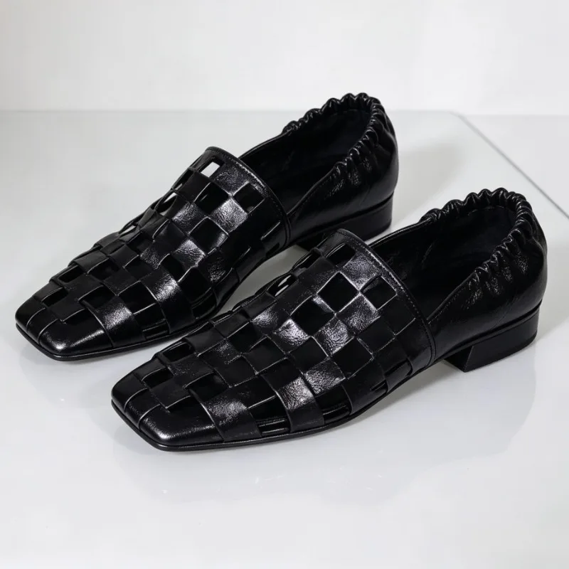 2026 Summer Hollow Pleated Loafers Women Fashion Square-Toe Designer Shoes Street Style Soft-soled Casual Shoes Zapatos De Mujer