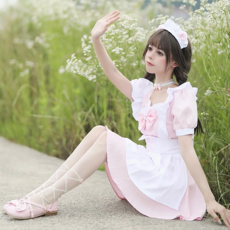 Cute Pink White Lolita Maid Outfit with Cat Ear Headband Short Sleeve Ruffle Apron Dress Anime Cosplay Costume view 3