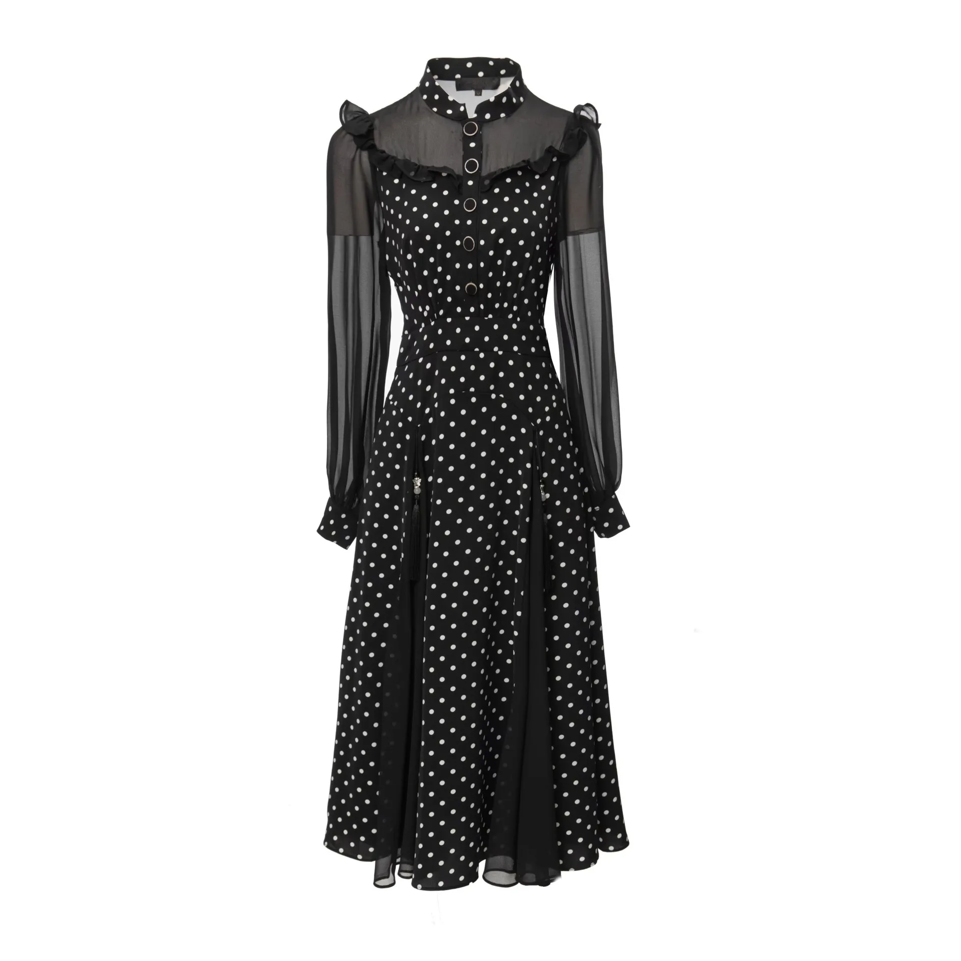 

Europe and the United States women's 2024 summer new Stand collar Long-sleeved polka dot print fashion Pleated dress XXL