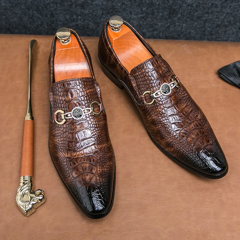 

Men Loafers Chelsea Crocodile Patterned Pointed Business Trendy Party and Wedding Leather Shoes From England