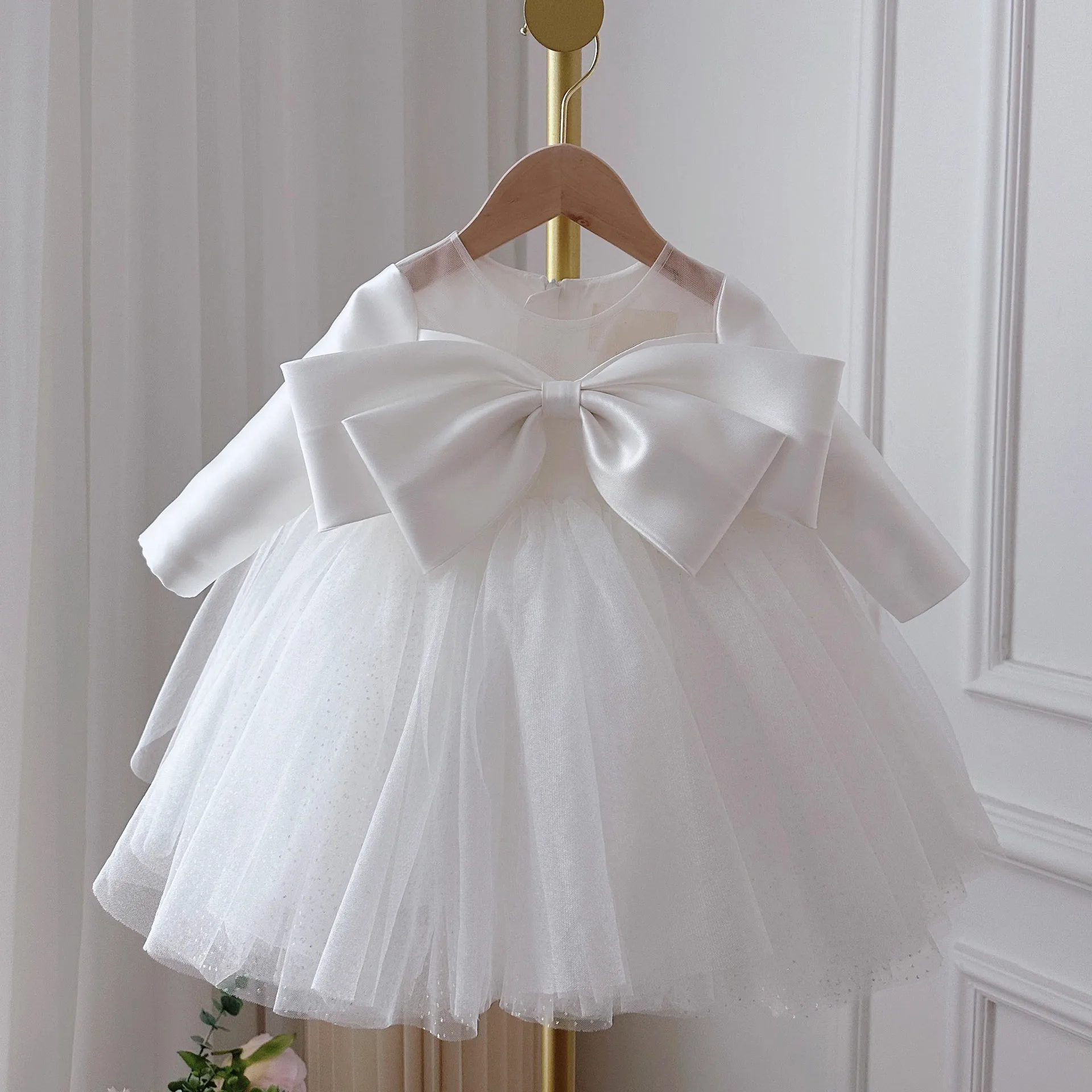 

Girls' Dress Baby white Big Bow Tutu Princess Dress Children's Evening Dress Baby 1st Birthday party Long Sleeve Fluffy Dress