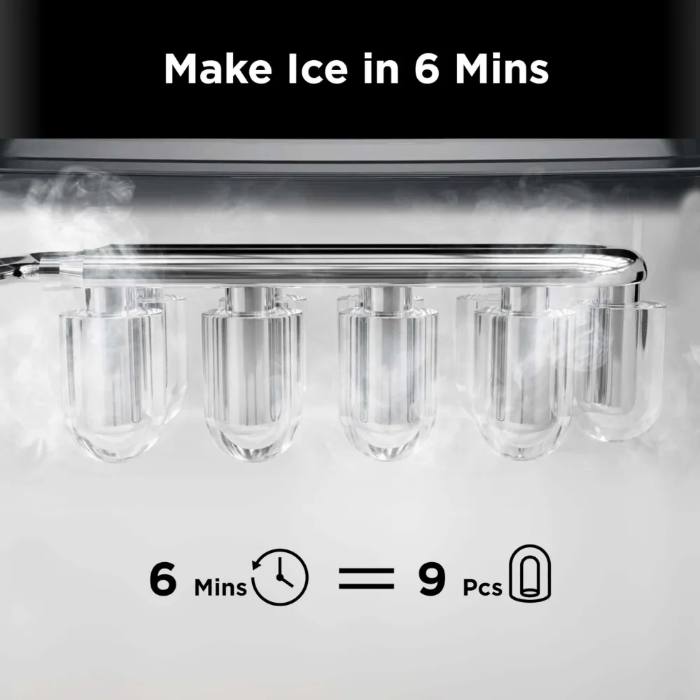 Controsoffitto Silonn Ice Maker, 9 cubi pronto in 6 minuti, 26 libbre in 24 ore, macchina per il ghiaccio autopulente con paletta per il ghiaccio e cestino