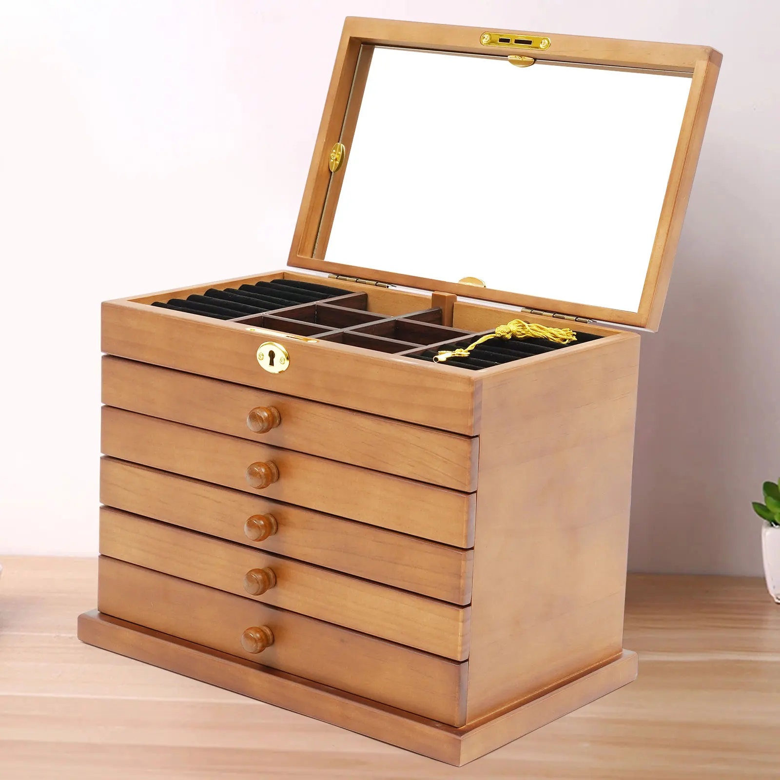 

Wooden Gift Storage Box Jwelry Cabinet Jewelry Storage Box with Mirror and Lock for Jewelries