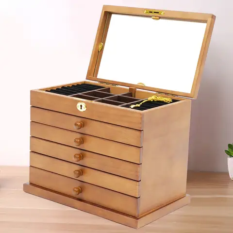 Wooden Gift Storage Box Jwelry Cabinet Jewelry Storage Box with Mirror and Lock for Jewelries