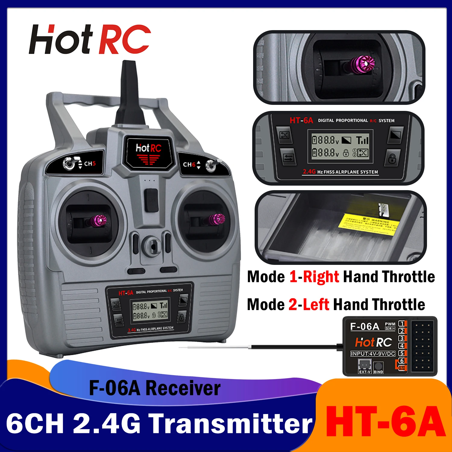 HotRC 6CH 2.4G HT-6A RC Aircraft Transmitter with F-06A 6 Channel Receiver Radio System for Remote Control Model Vehicles Ship