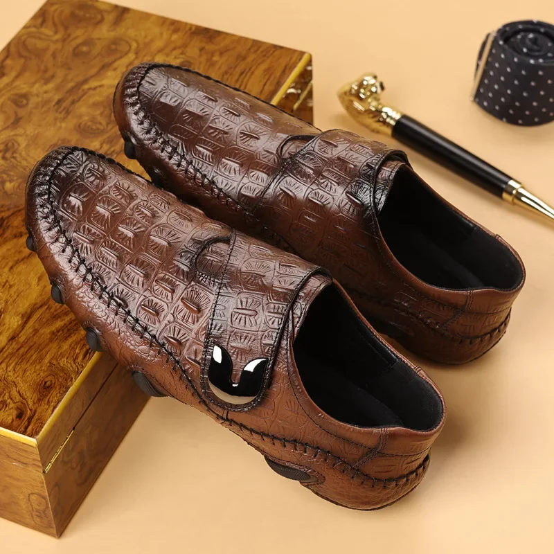 

Мужская обувь большого размера из натуральной яловой кожи с крокодиловым узором, туфли-бобы, высококачественная кожаная обувь, дышащая повседневная обувь с круглым носком