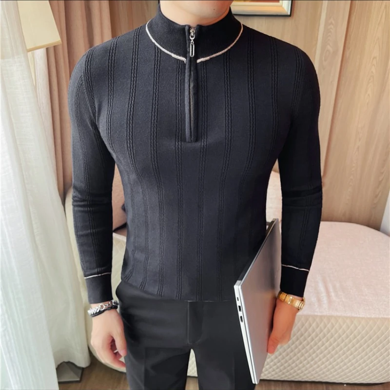 2025 Men's Half High Collar Zipper Knit Sweater Autumn Winter Slim Elastic Base Shirt Sweater Striped Pullover Men's Clothing