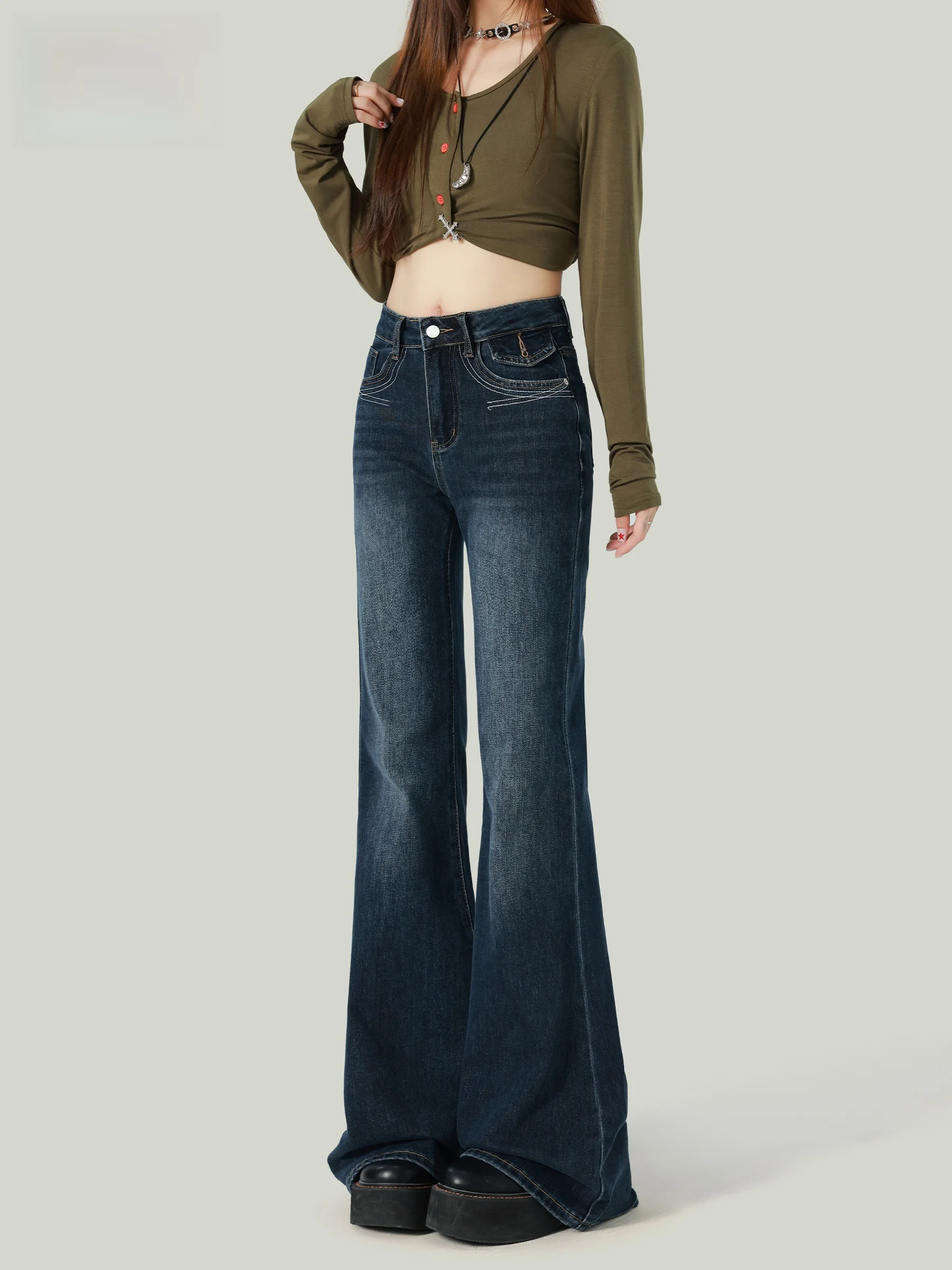 

Женские джинсы-клеш с высокой талией в стиле ретро, новинка ранней осени, эластичные, облегающие, расклешенные, повседневный стиль