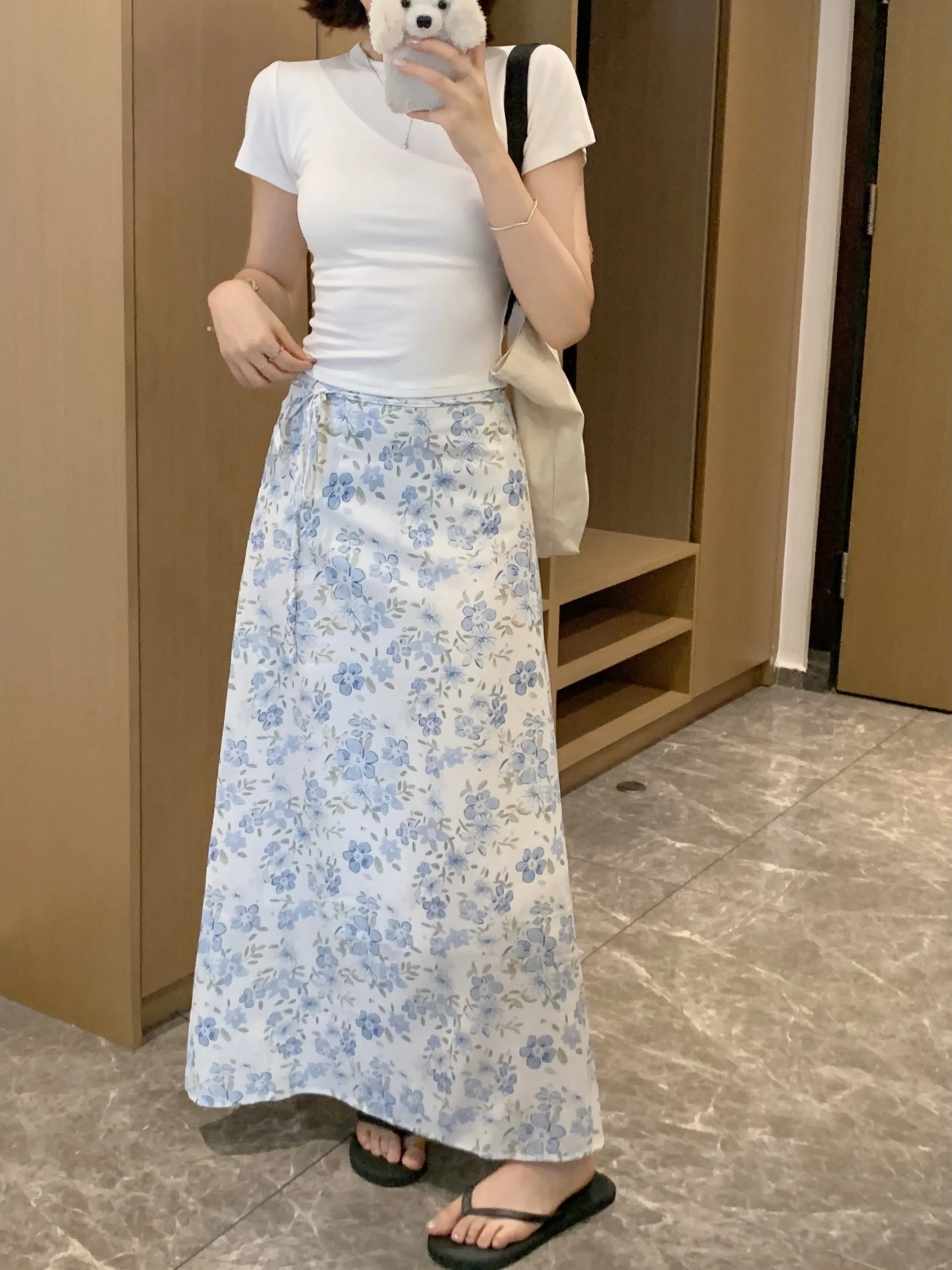 

Новая летняя женская юбка больших размеров с цветочным принтом, завязками на талии, высокой талией, А-силуэта, облегающая, в корейском стиле, стройнящая