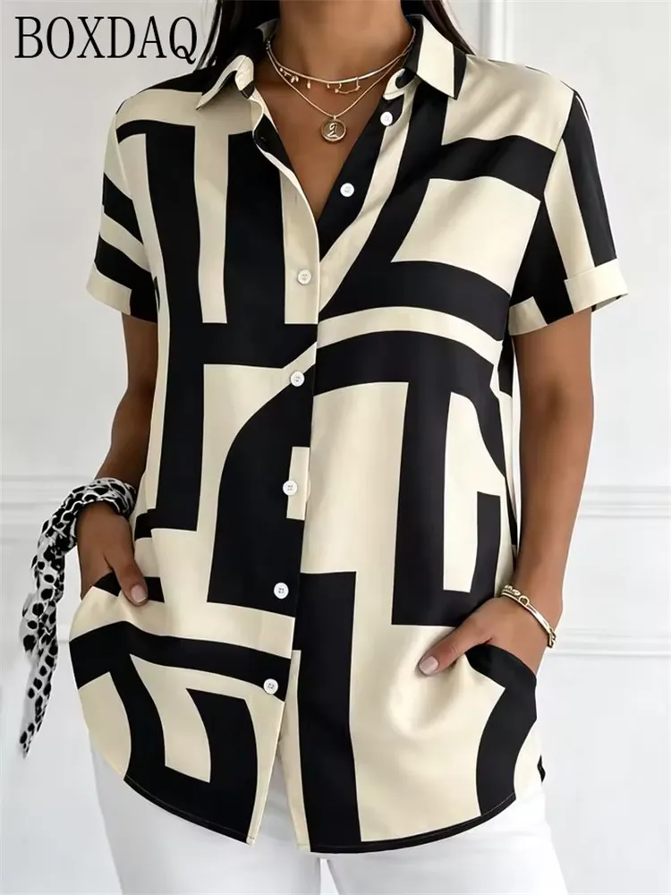 2026 Summer Women's Blouse Casual Button Short Sleeve Lapel Abstract Circle Pattern Printed Loose Shirt