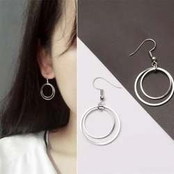 Silver Color Double Circle Hook Earrings Bohemian Women's Dangle Earrings Small Round Hanging Earrings boucle d’oreille femme