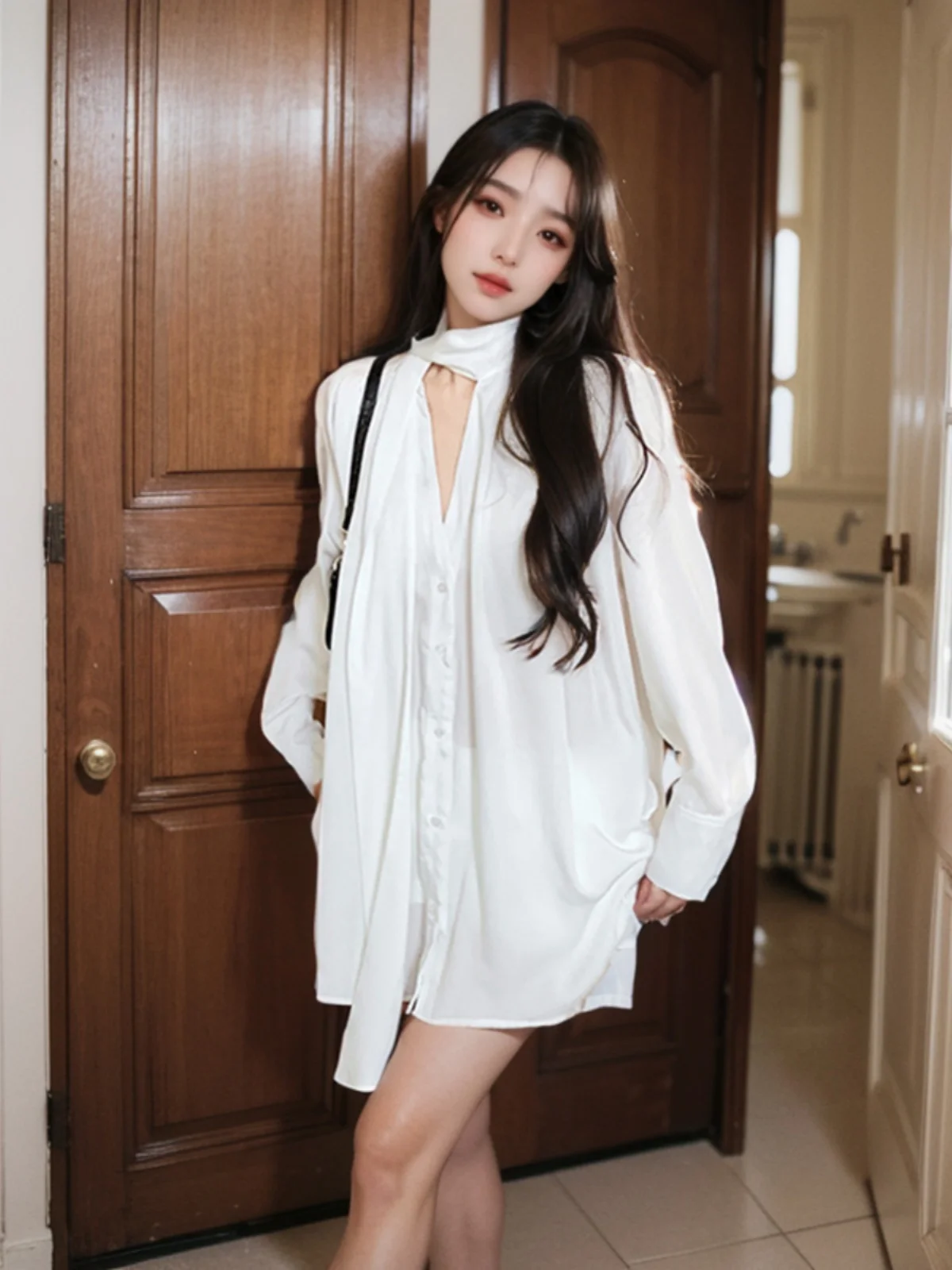 

White V-Neck Sash Shirt Dress Women's Spring Shoulder Pad Long Sleeve Design Sense Loose Mid-Length Top