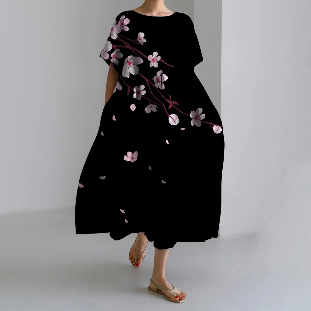 Plus Size Beach Boho Dress Women Elegant Floral Print Sundress Summer 2024 Ladies Japanese Crew Neck Short Sleeved Maxi Dresses