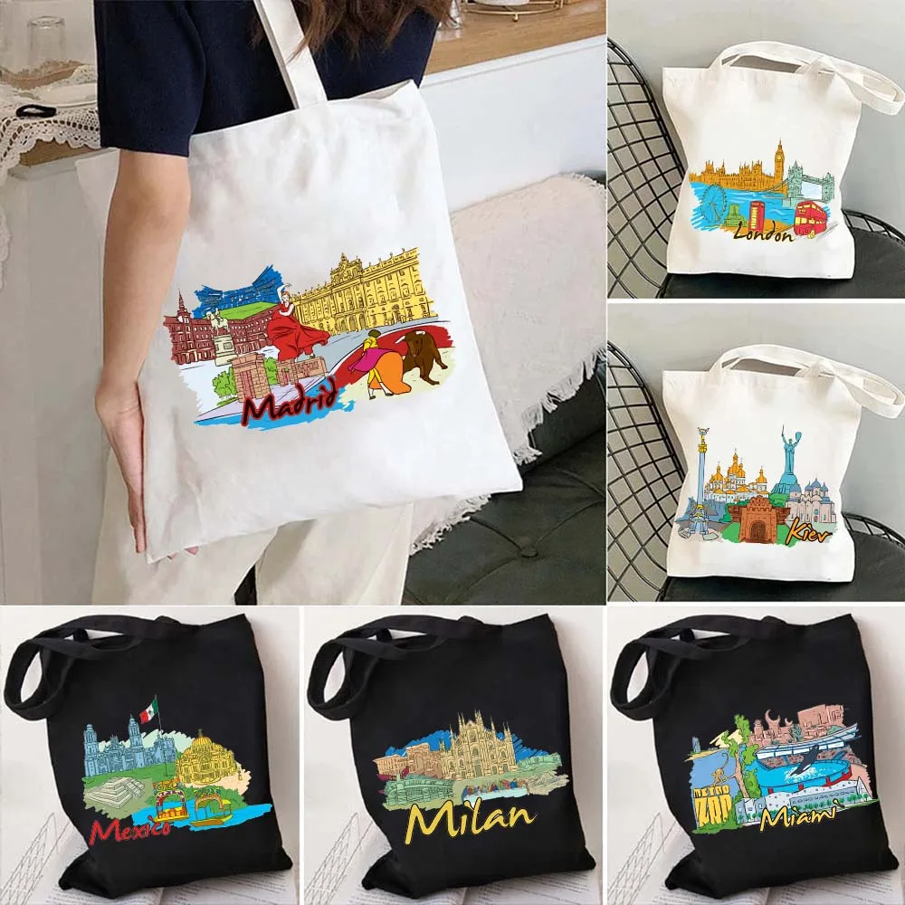 Jaipur Jakarta Jerusalem Kiev Kuala Lumpur Lisbon London Madrid Mecca Mexico Miami Milan Hand Drawn City Canvas Tote Bag Handbag