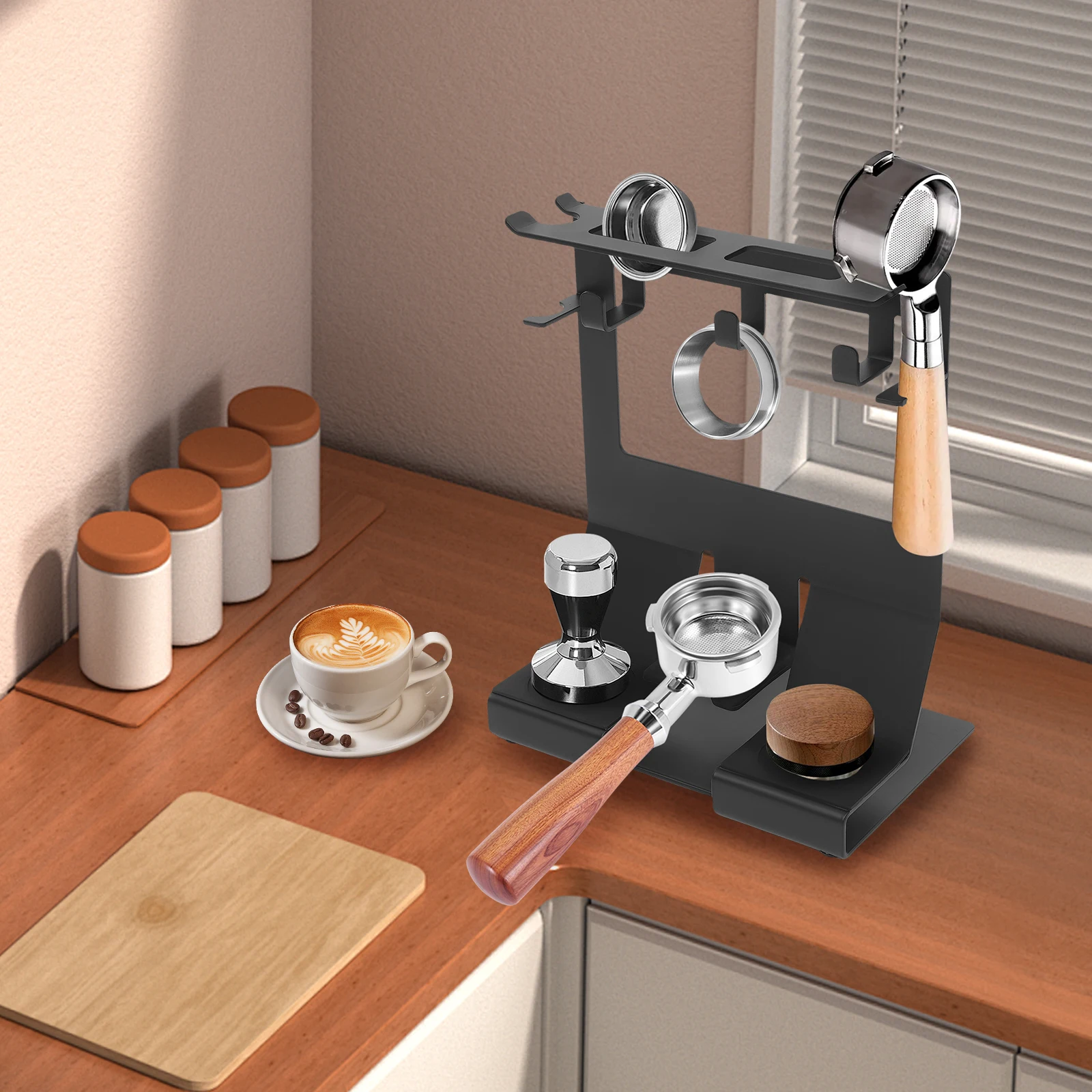 Schwarzes Eisen-Kaffeezubehör-Aufbewahrungsregal, Moderner Stil, Passend für 58mm Siebträgerbehälter, für Küche Bar Café Theken-Organizer