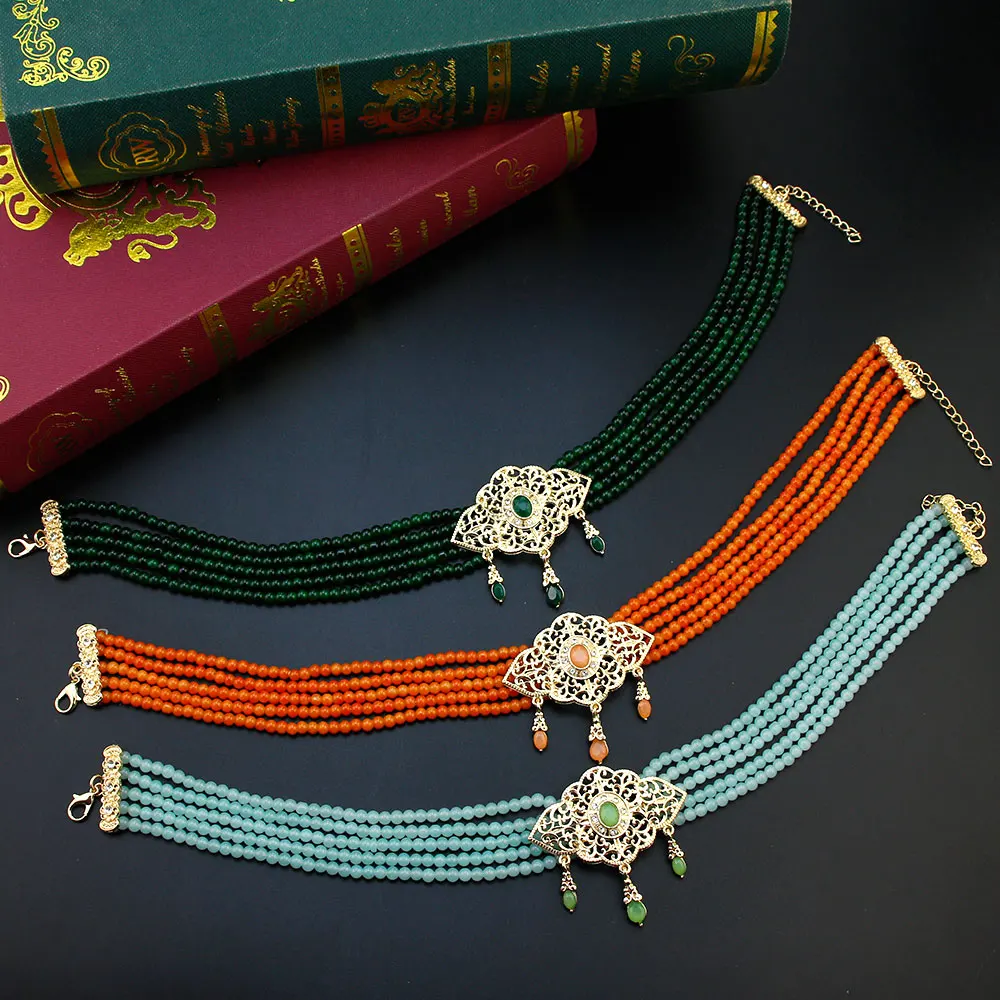 Sunspicems Ethnic Beads Necklace for Women Jade Color Chain Gold Plating Pandant Moroccan Choker Necklace Bridal Wedding Jewelry