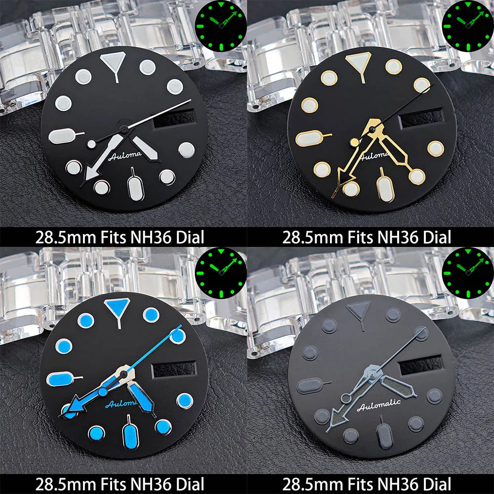 

28.5mm Dual Calendar Green/Black Dial With Green Luminous Hands Fit NH36/NH35 Movement Watch Parts Watch Dial Accessories