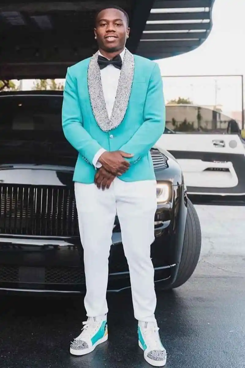 Tuxedos de fête vert menthe pour hommes, 2 pièces, châle à paillettes, revers, ensembles de pantalons de marié, mode masculine, costumes d'anniversaire formels personnalisés