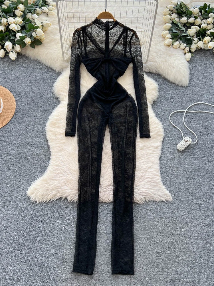 

Sexy See-tough Lace Bodysuit Women's Pure Desire Hot Girl Long Pants High Waist Straight Leg Summer Commute Sle Bodysuit