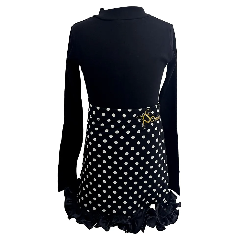 2026Winter Latin Dance Clothes Girls Long Sleeves Tops Polka Dot Skirt Black Suit Chacha Tango Dance Dress Practice Clothing