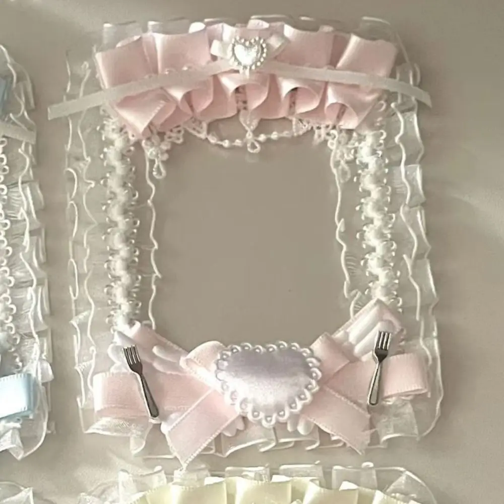 Lace Ruffles Photocard Holder Faux Pearl Heart Decoration Decorative Card Holder Satin Ribbon Clear Sleeve