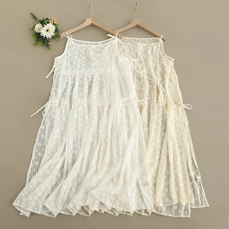 Japanese Sweet Mori Girl Embroidery Hollow Out Perspective Slip Dress Women Summer Spaghetti Strap Sleeveless Cover Up Dress