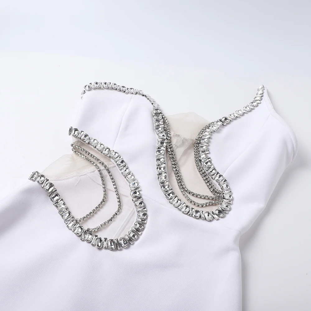 PB エレガント ホワイト ノースリーブ マーメイド スタイル 包帯 ロング ドレス クリスタル装飾 バックレス カットアウト パーティー ウェディング ドレス