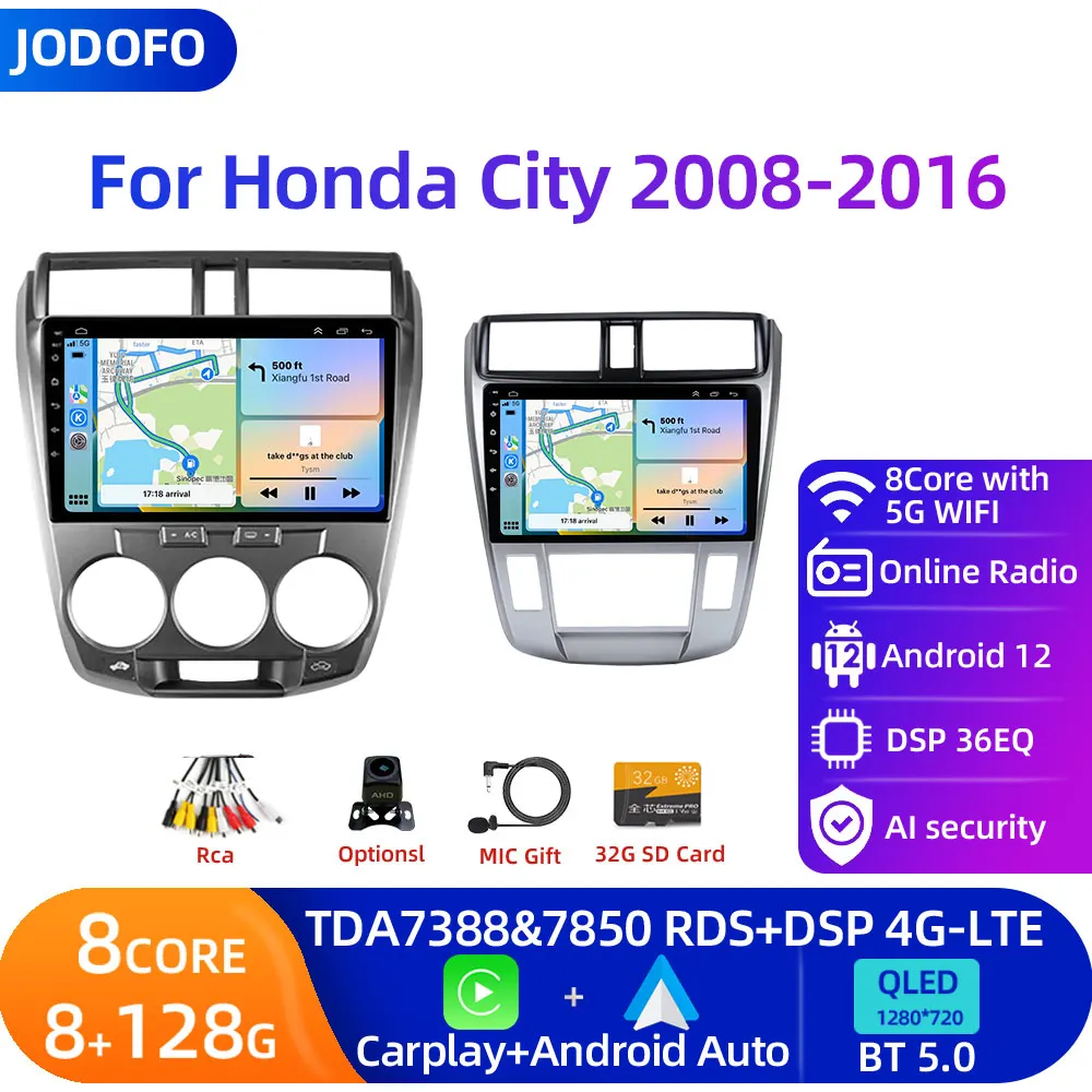 Jodofo 2 din Android 12.0 Car Radio For Honda City 2008-2016 Multimedia Video Player GPS Navigation RDS 4G Carplay Head unit