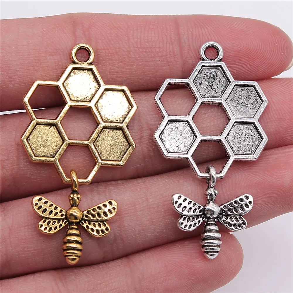 3 piezas de encanto de abeja de 46x25mm Color plata antiguo Color dorado antiguo miel con colgantes de abeja colgante de abeja