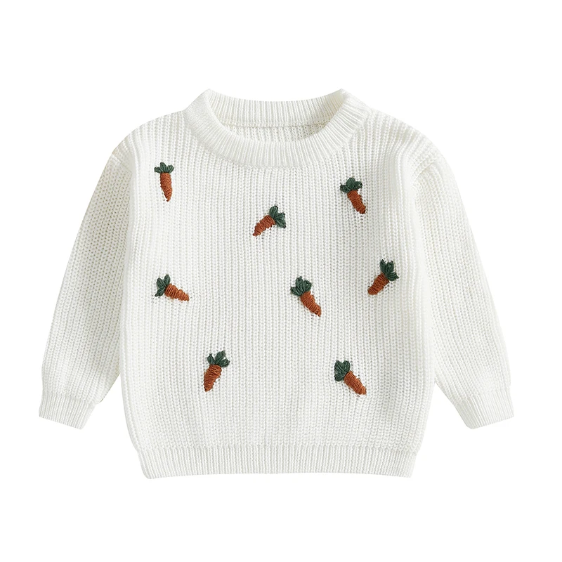 Toddler Boy Girl Sweaters Carrot Pattern Long Sleeve Round Neck Ribbed Chunky Knit Jumper Tops