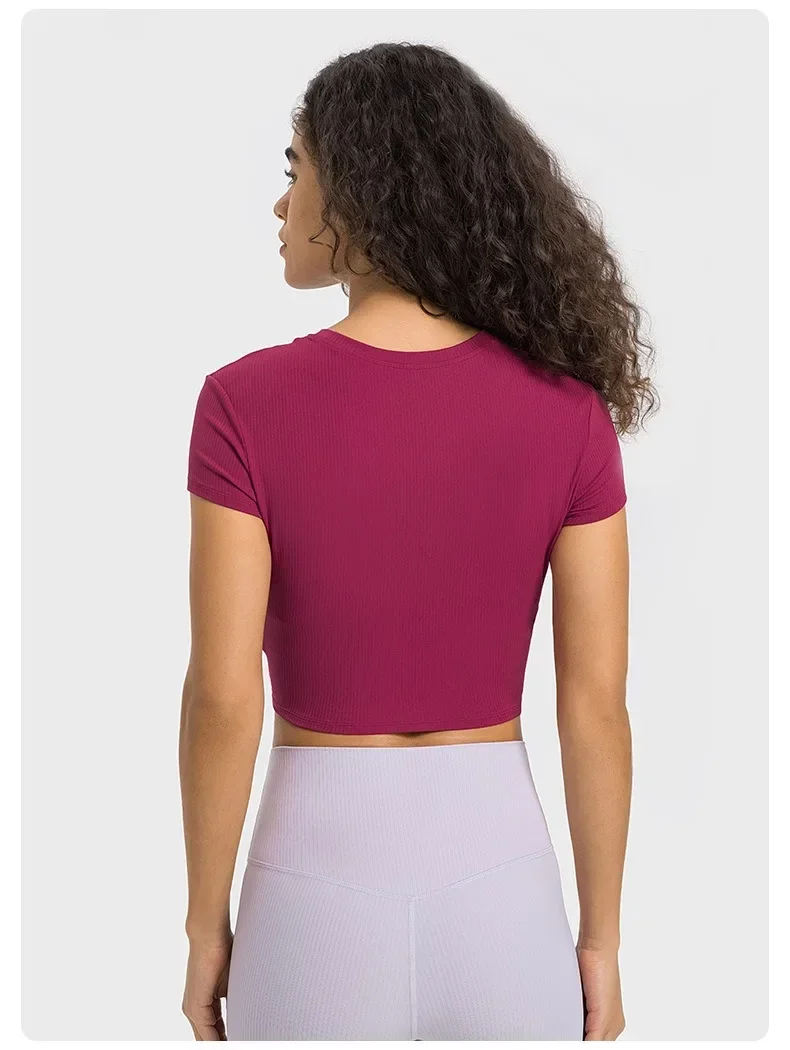 Zitrone Frauen Rundhals ausschnitt gerippt Crop Tops Kurzarm starke Stretch Yoga Shirts Sommer schlanke Sport kleidung für Straßen mädchen