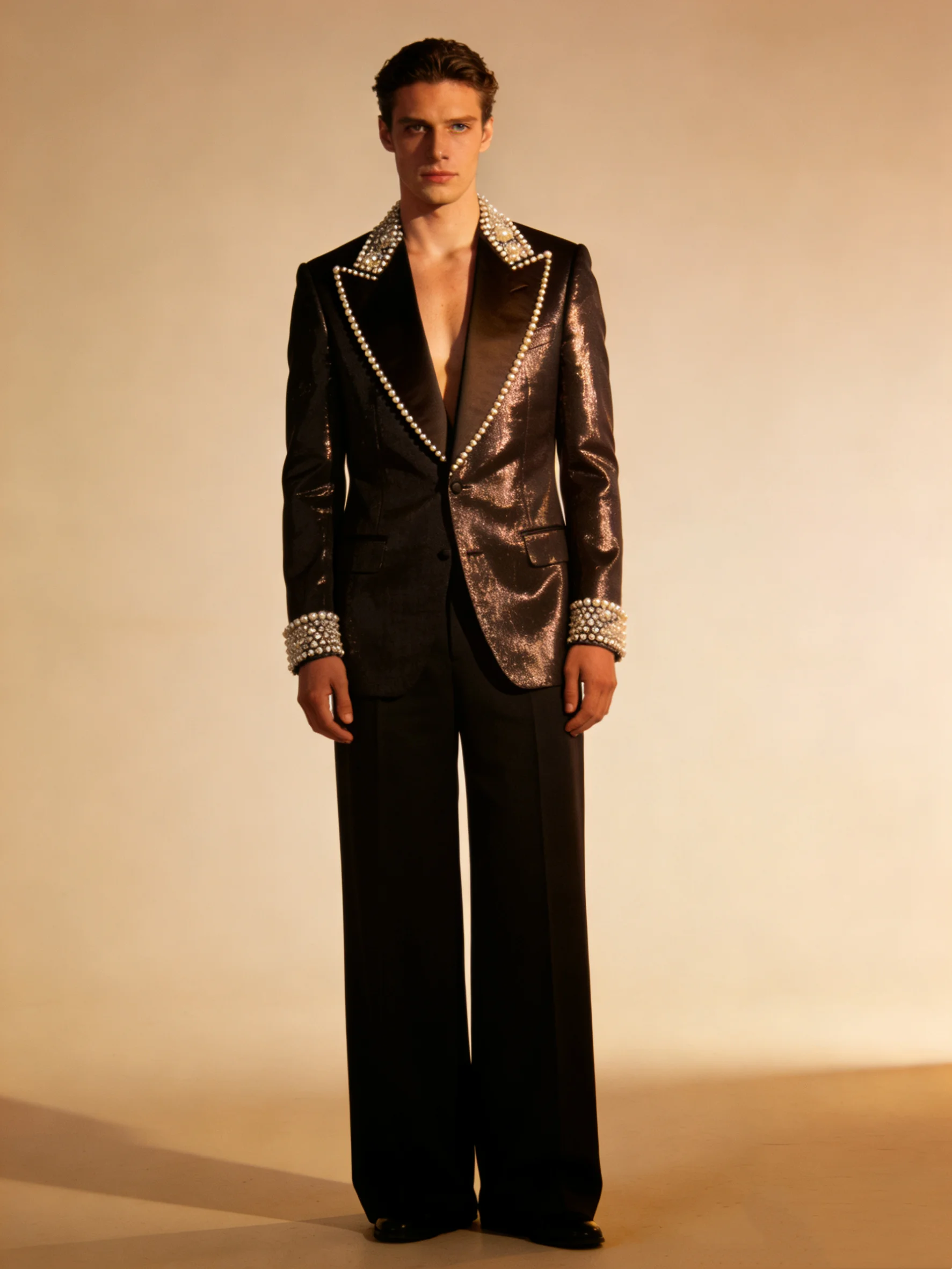 

Shiny Brown Pearls Men Suits Set 2 Pcs Blazer+Pants Trousers Luxury Wedding Tuxedo Formal Office Business Groom Jacket Coat