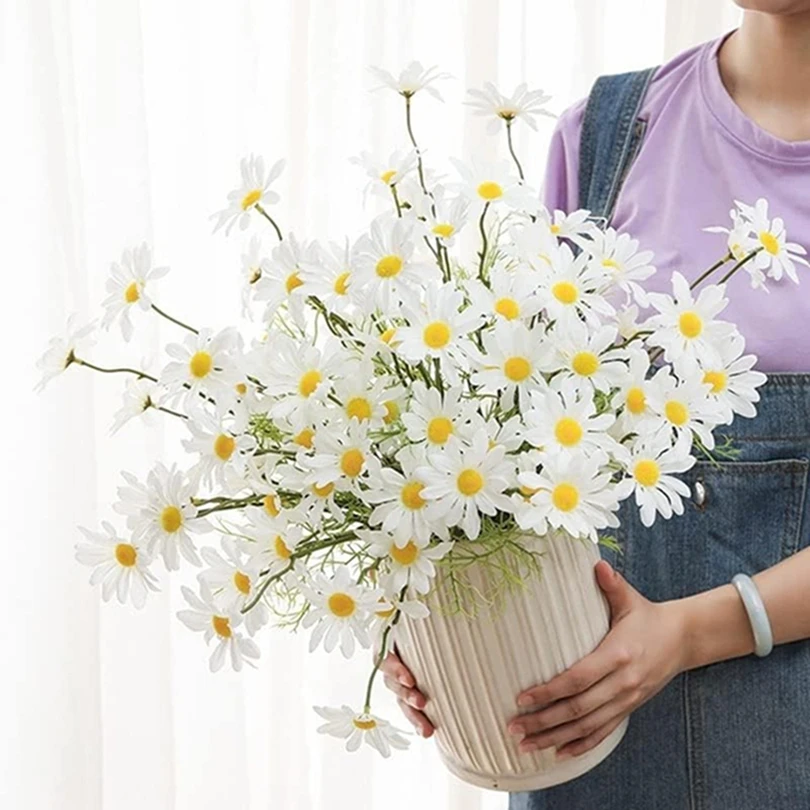 

10 Pieces Artificial Flowers Silk Daisy Bridal Bouquets Vases Home Rooms Wedding Garden Decorative Plants Art Table Arrangements